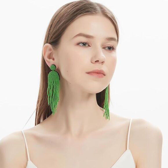Long Boho Green Beaded Tassel Fringe Dangling Drop Fan Chandelier Post Earrings - Picture 4 of 7